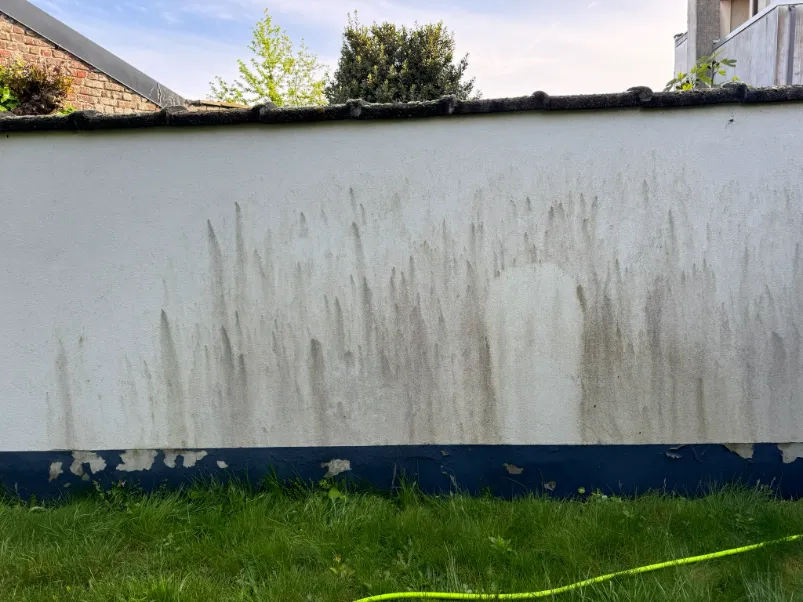Zwarte strepen op vervuilde crepigevel vóór reiniging