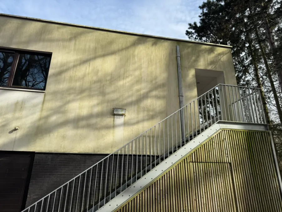 Vervuilde crepigevel met groene aanslag en algengroei in Wondelgem vóór professionele reiniging