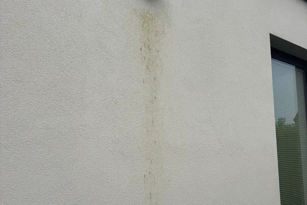 Hoek van een witte crepiwoning met een smalle groene aanslagstreep die vanaf een wandlamp naar beneden loopt.