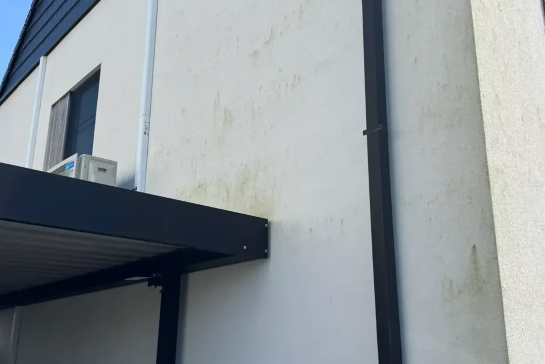 Witte crepigevel waar groengele aanslagstrepen zich aftekenen langs de regenafvoer en de aansluiting met de carport.