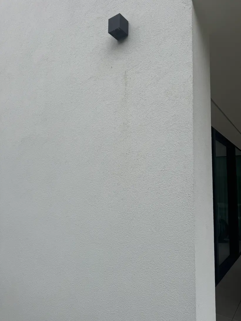 Crepigevel met lichte, beginnende groene aanslag in een beschaduwde zone.
