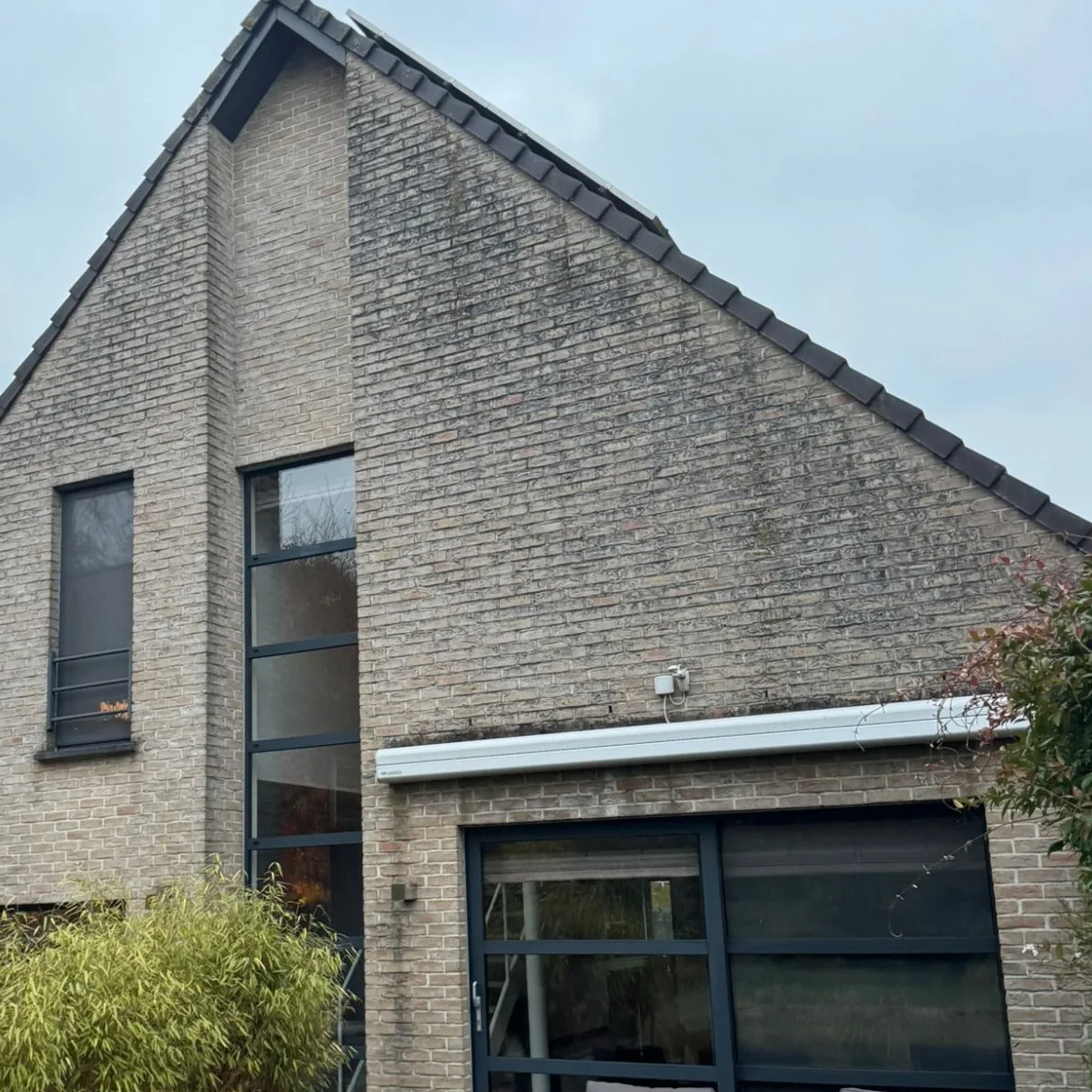 Topgevel in baksteen met een grauwe, groenige aanslag op het grote vlak onder de dakrand.