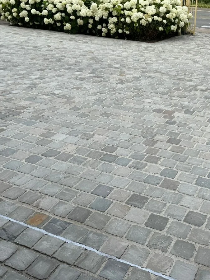 Dezelfde oprit na het reinigen: lichte, propere kasseien en voegen.