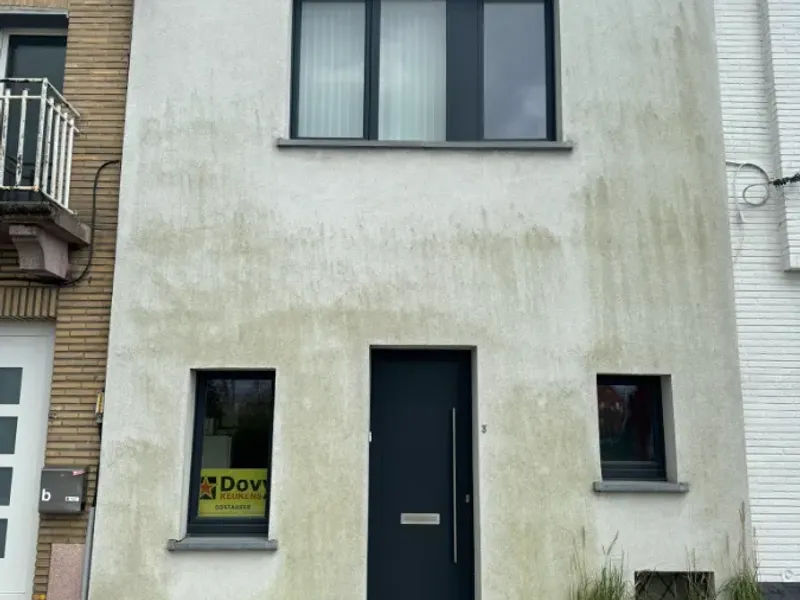 Crepi reinigen — gevel vóór behandeling in Gentbrugge.